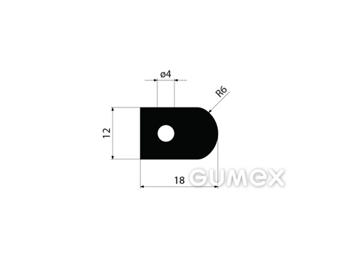 "D" Gummiprofil mit Loch, 12x18/R6mm, 45°ShA, NBR, ISO 3302-1 E2, -40°C/+70°C, schwarz, 